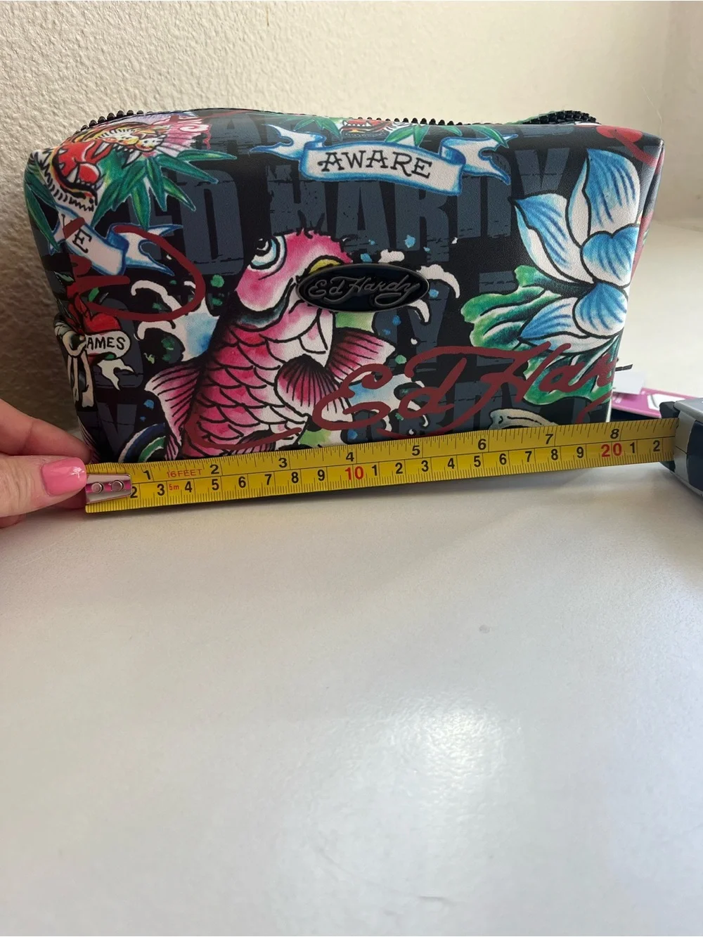 Ed Hardy Black Multicolor Koi & Floral Cosmetic Bag